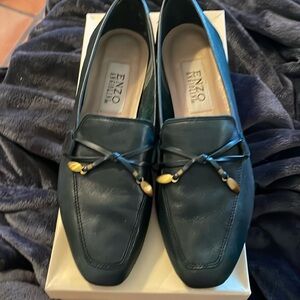 Enzo Angiolini Women's Black Leather Loafers with Gold Accent